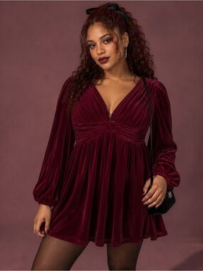 Gianni Bini Mariah Velvet Dress Jam Burgundy V Neck Puff Sleeve Size 12 NWT
